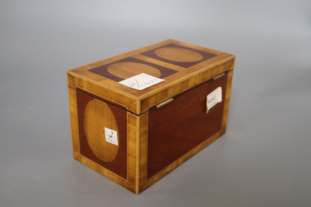 A Georgian style inlaid tea caddy, length 18cm